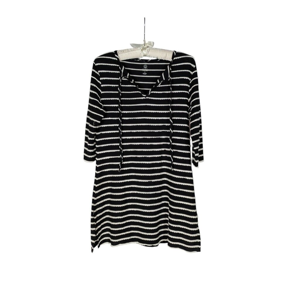 Balance Collection Cover Up S Women's Black Striped Tie Neck 3/4 Sleeve Swim